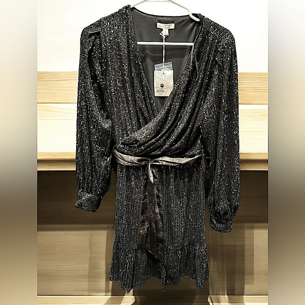 Kohl’s Black sequin Wrap Dress SMALL length 34in pit to pit 15in NEW WITH TAGS